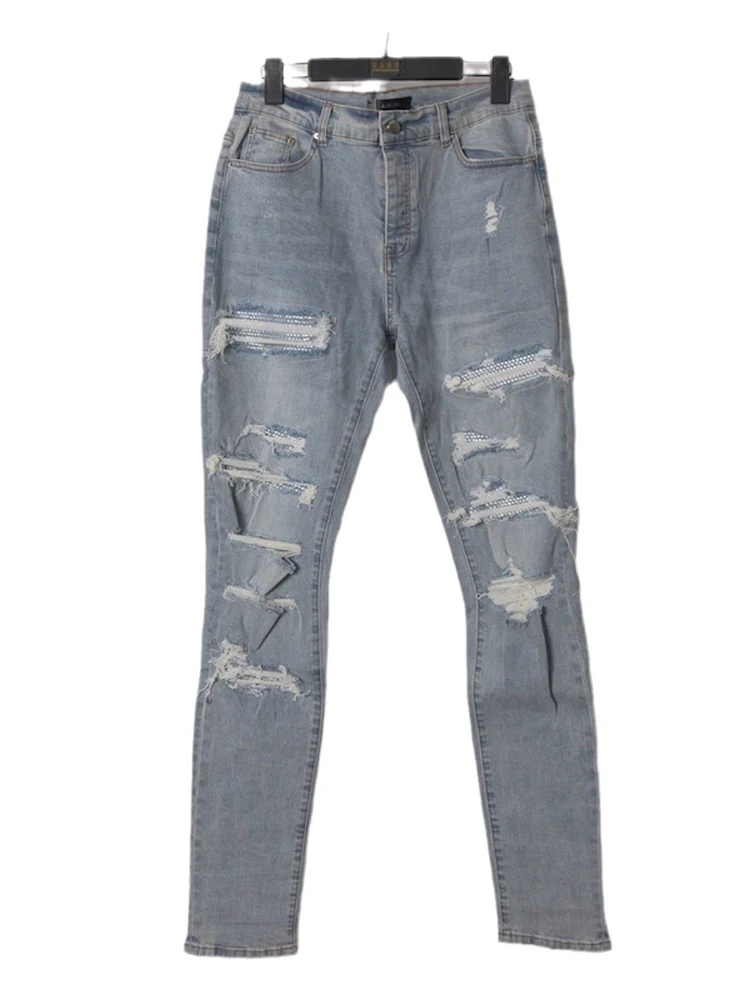 [Bomp] 2024 Herbst Männer selbst gemacht bin blau heiß Stempeln High Street schwarz Basic perforierte enge elastische Jeans, Hosen neue Mode