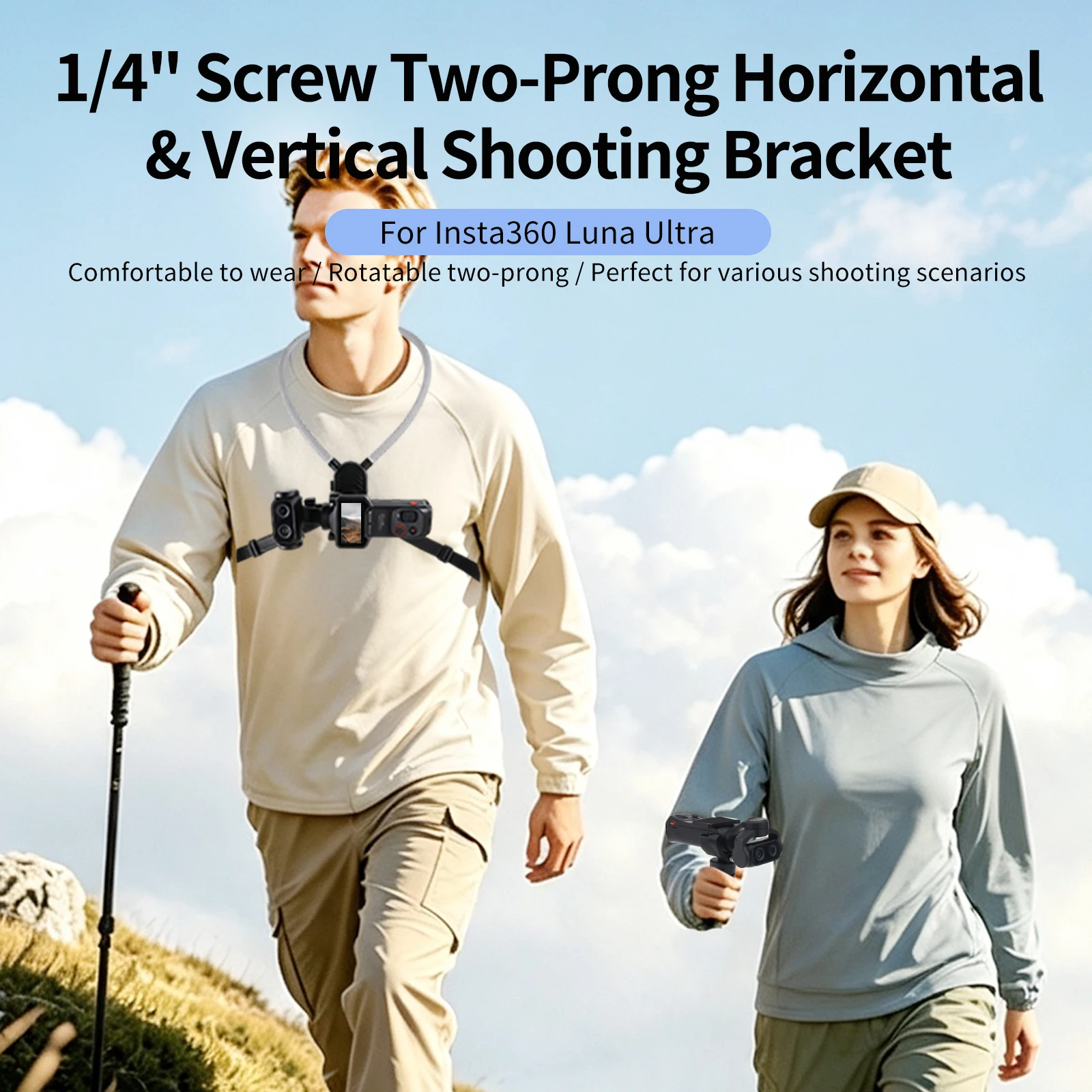 horizontal and vertical racket bracket for Insta360 Luna Ultra camera 1/4-inch screw-mount, dual-clamp, pan-tilt camera mount