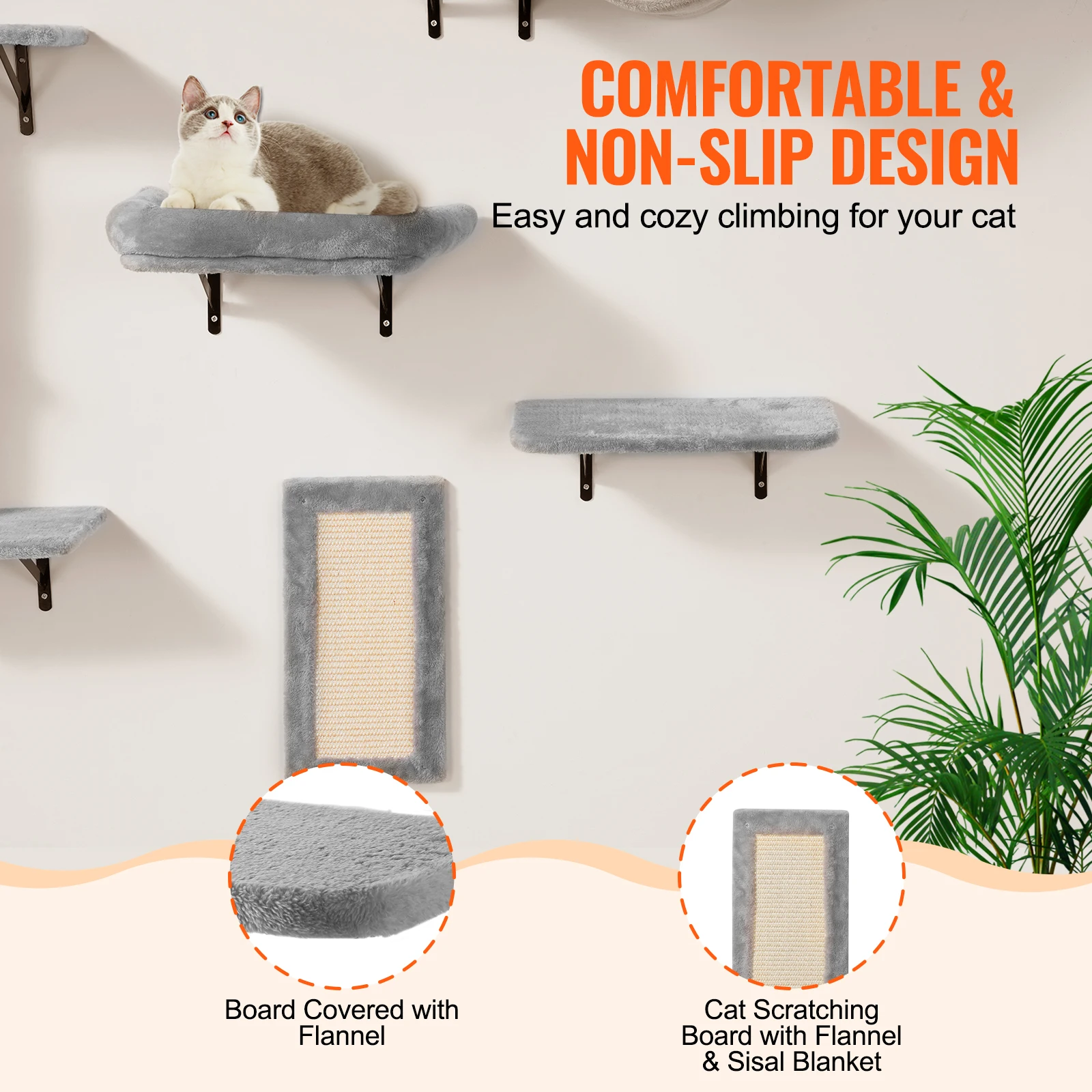 6 Pcs Wall Mounted Cat Shelves, Sturdy Cat Wall Furniture with Hammock, Sofa, Jumping Boards & Scratcher, Space Saving Cat Climbing Tree for Playing Resting, Heavy Duty up to 40lbs, Set of 6