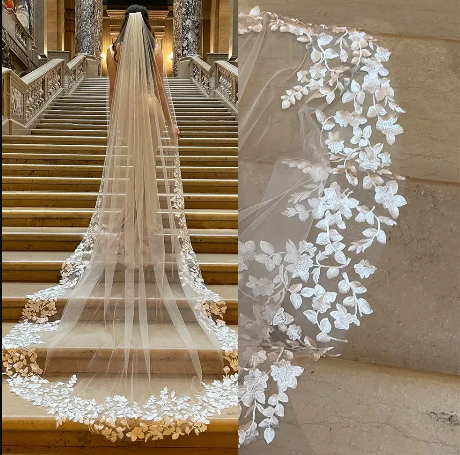 طرحة زفاف عتيقة مزينة بطبقة واحدة حجاب طويل بطول الكنيسة حافة مزخرفة مصنوعة حسب الطلب إكسسوارات الزفاف عالية الجودة #1