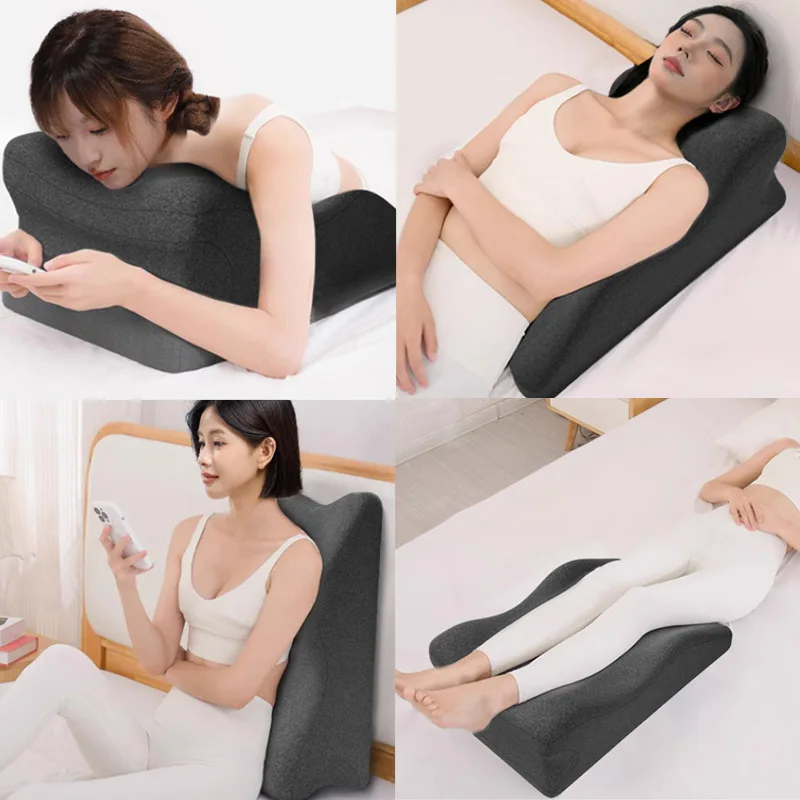 Home use curved stretching headboard and lumbar support, memory foam stress relieving sleeping pillow, leg support lifting pad