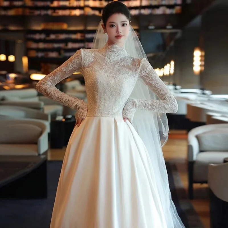 

French Style Light Wedding Dress New Luxury Bridal Satin Small Train Mori Style Main Gown Long Sleeve Lace Outdoor Gown