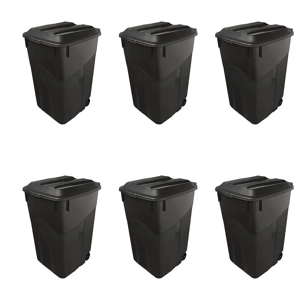 

6-Pack 45 Gallon Heavy Duty Plastic Garbage Cans with Attached Click-Lock Lids, 2 Built-in Wheels & Easy-Grip Handles –, Custom