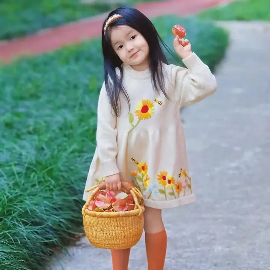 Toddler Girls Fall Winter Knitted Dress, Apricot Color Hand Embroidery Sunflower & Bee Design, Kids Casual Knit Dress