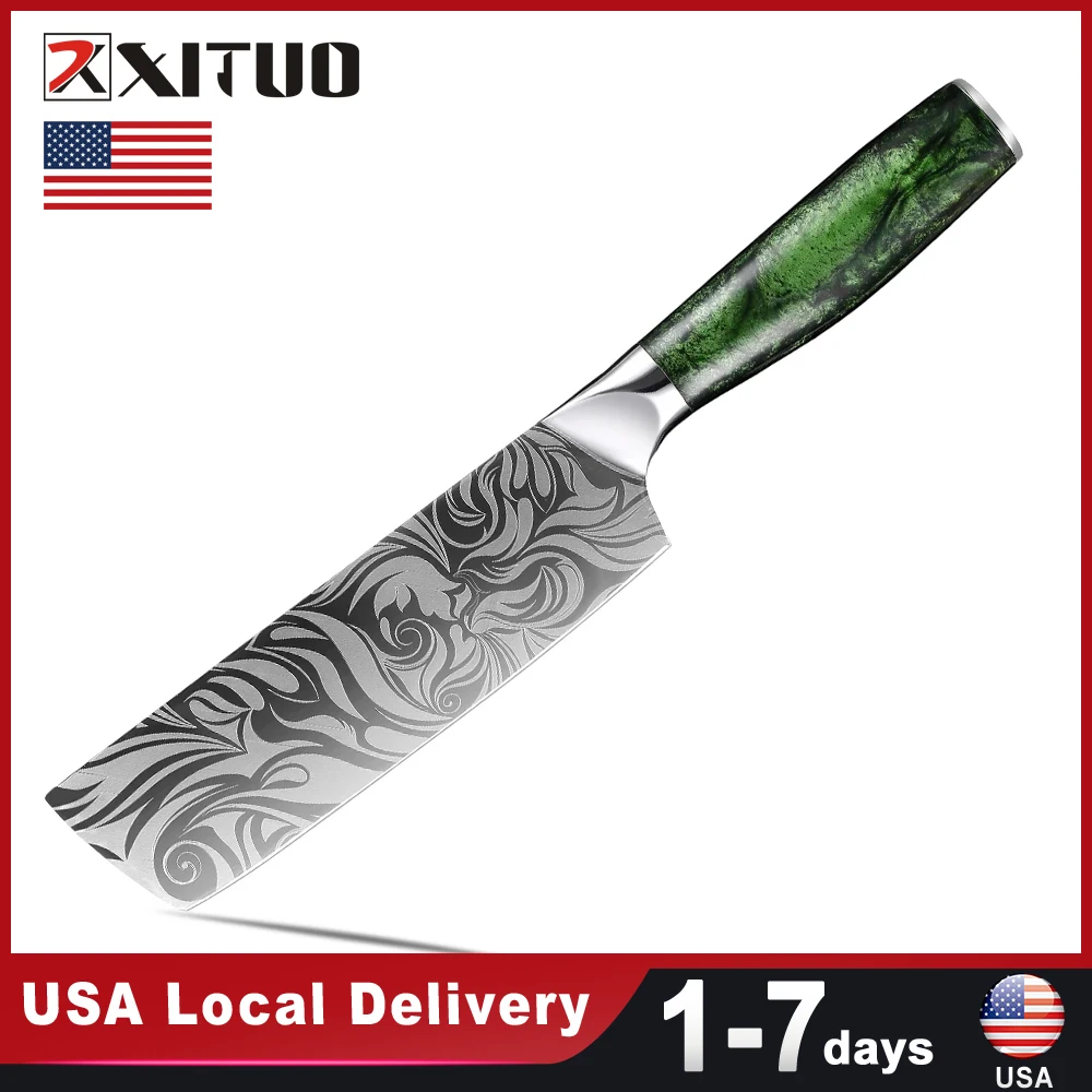 7 inch Stainless Steel Nakiri Knife Green Resin Handle Household Kitchen Knife Tool Chef Knife Sharp