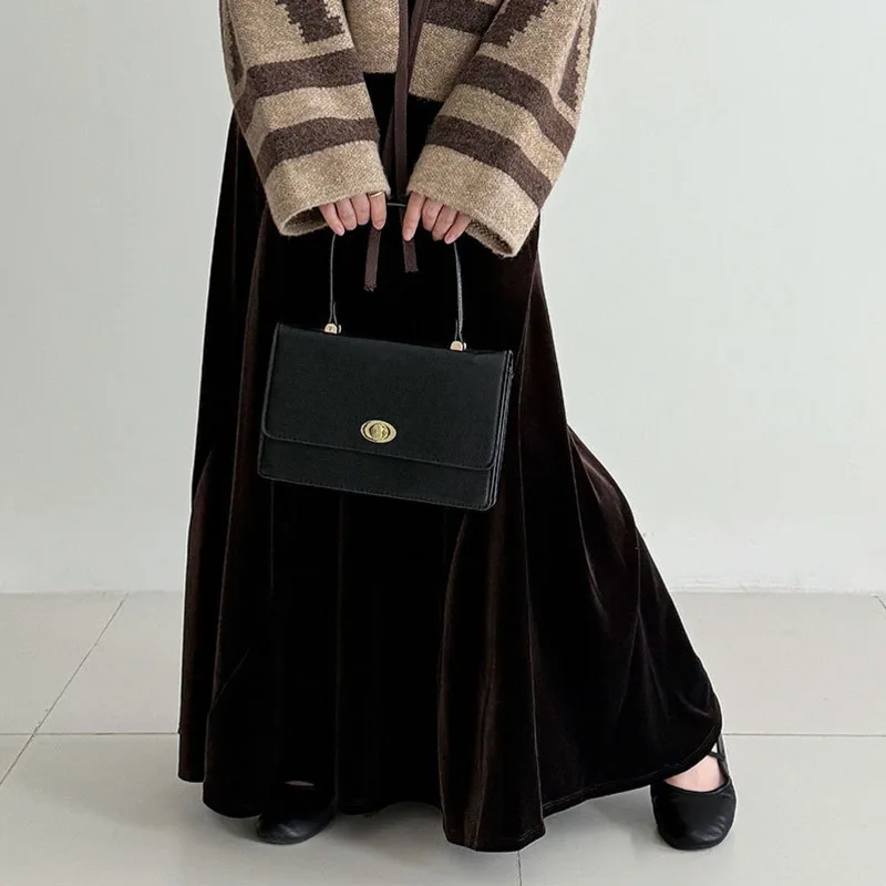 EAEOVNI Elegant Velvet Women's Skirt Solid Color High Waist A Line Folds Long Skirts Fashion 2025 Autumn Winter New Clothing