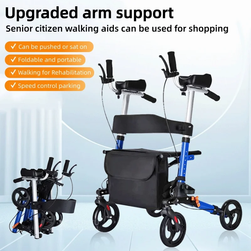 Adjustable Height Aluminum Foldable Rollator Walker Mobility Aid Push Cart for Elderly Portable Assistive Walking Support Rollat