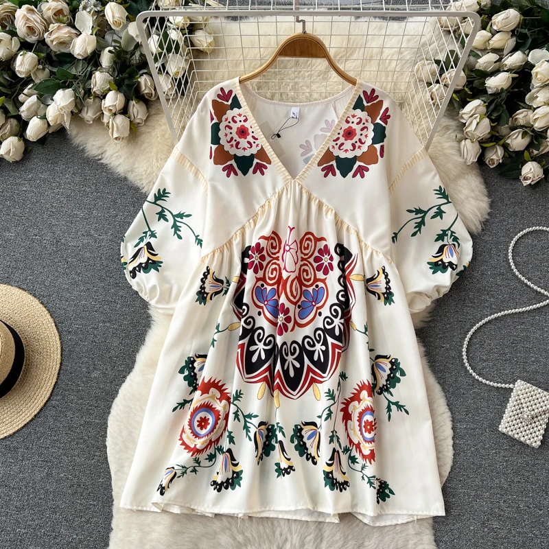 

Ethnic Style Bubble Sleeve Women Dress Summer Loose Temperament V-Neck Printed Vacation Dresses Chic Short Dress