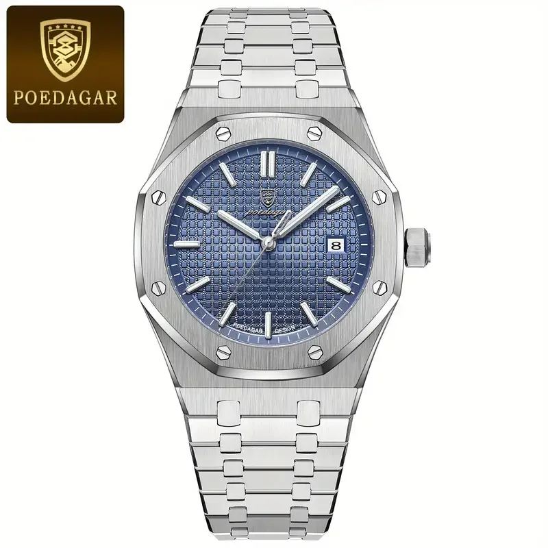 Reloj de pulsera POEDAGAR de lujo para hombre de negocios, Reloj luminoso resistente al agua con fecha para hombre, relojes de cuarzo de moda de acero inoxidable para hombre, Reloj