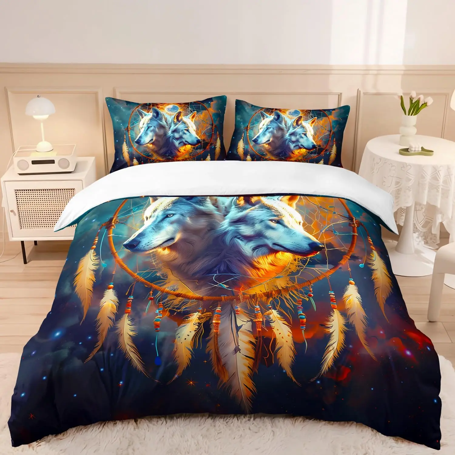 

3D White Wolf Print Duvet Cover Set Soft Breathable Dream Catcher Bohemian Sky Style Comforter Bedding for Kids And Teens