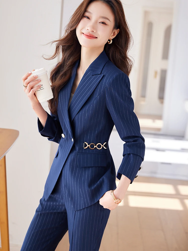 Fashion Ladies Pant Suit Women Apricot Blue Black Striped Female Jacket Blazer and Trouser 2 Piece Set For Business Work Wear