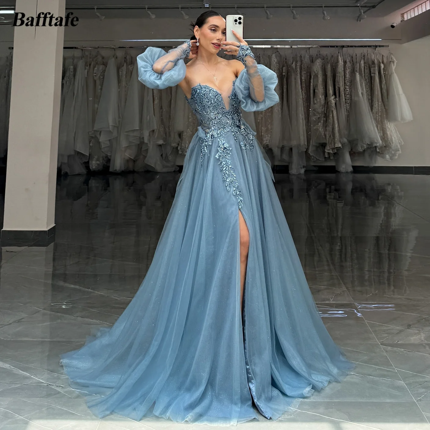 

Bafftafe Shiny Tulle Prom Dresses Detchable Long Sleeves Slit Evening Dress Customized Lace Women Formal Party Pageant Gowns