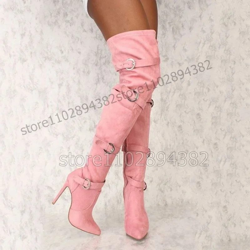 

Pink Burgandy Belt Fastener Decor Pointed Toe Boots Side Zipper Women Shoes Thin High Heels New Fashion 2023 Zapatos Para Mujere