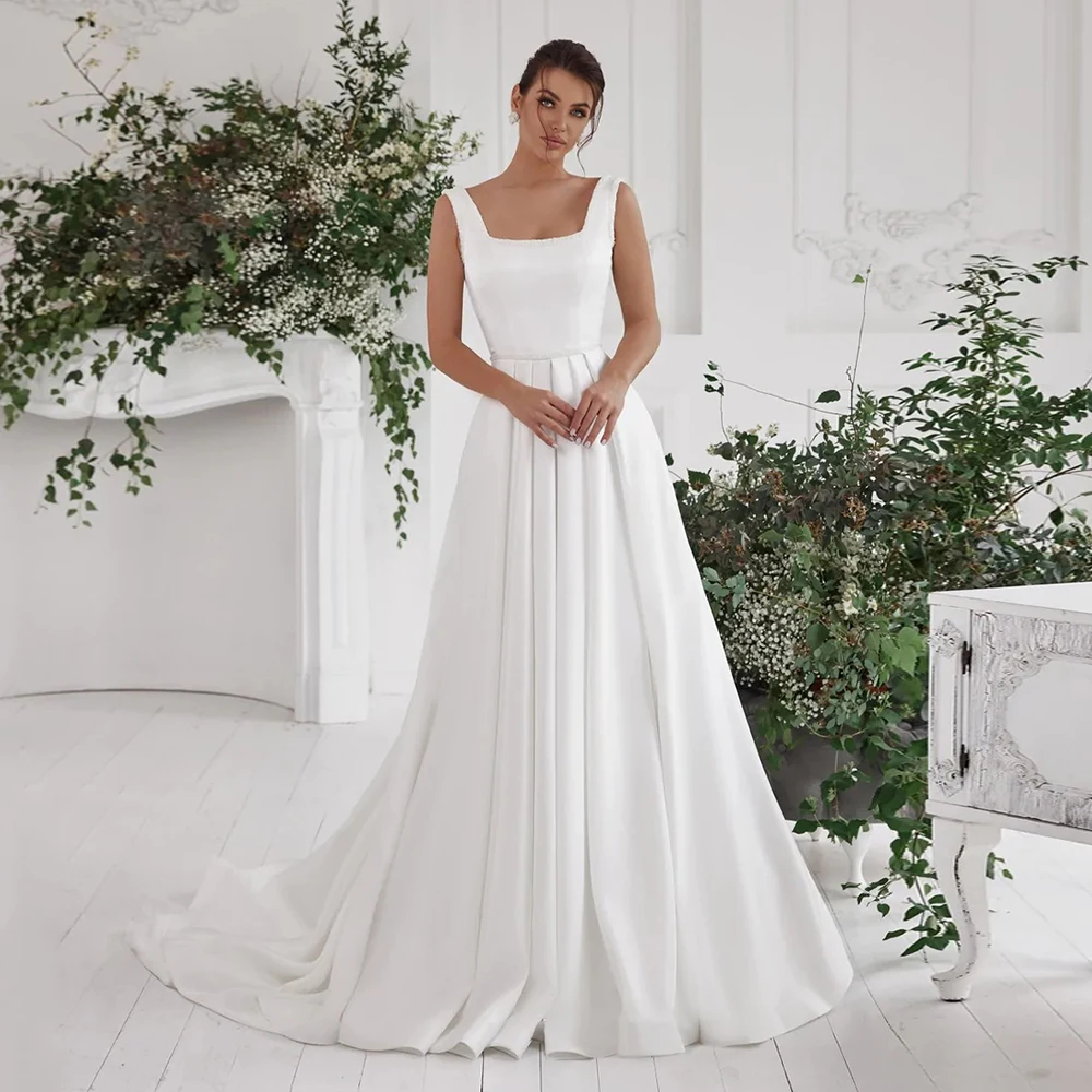 Charmante robe de mariée en satin pour femme, col carré en fibre, perles, paillettes, balayage train, ligne A, robe de mariée, quoi que ce soit