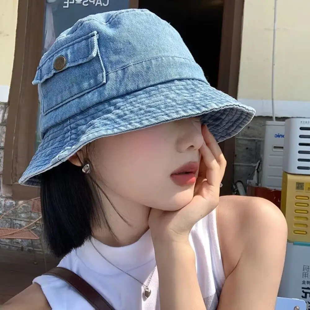 

New Vintage Denim Bucket Hat Solid Color Travel Pocket Sun Hats Outdoor Korean Fisherman Cap Men Women