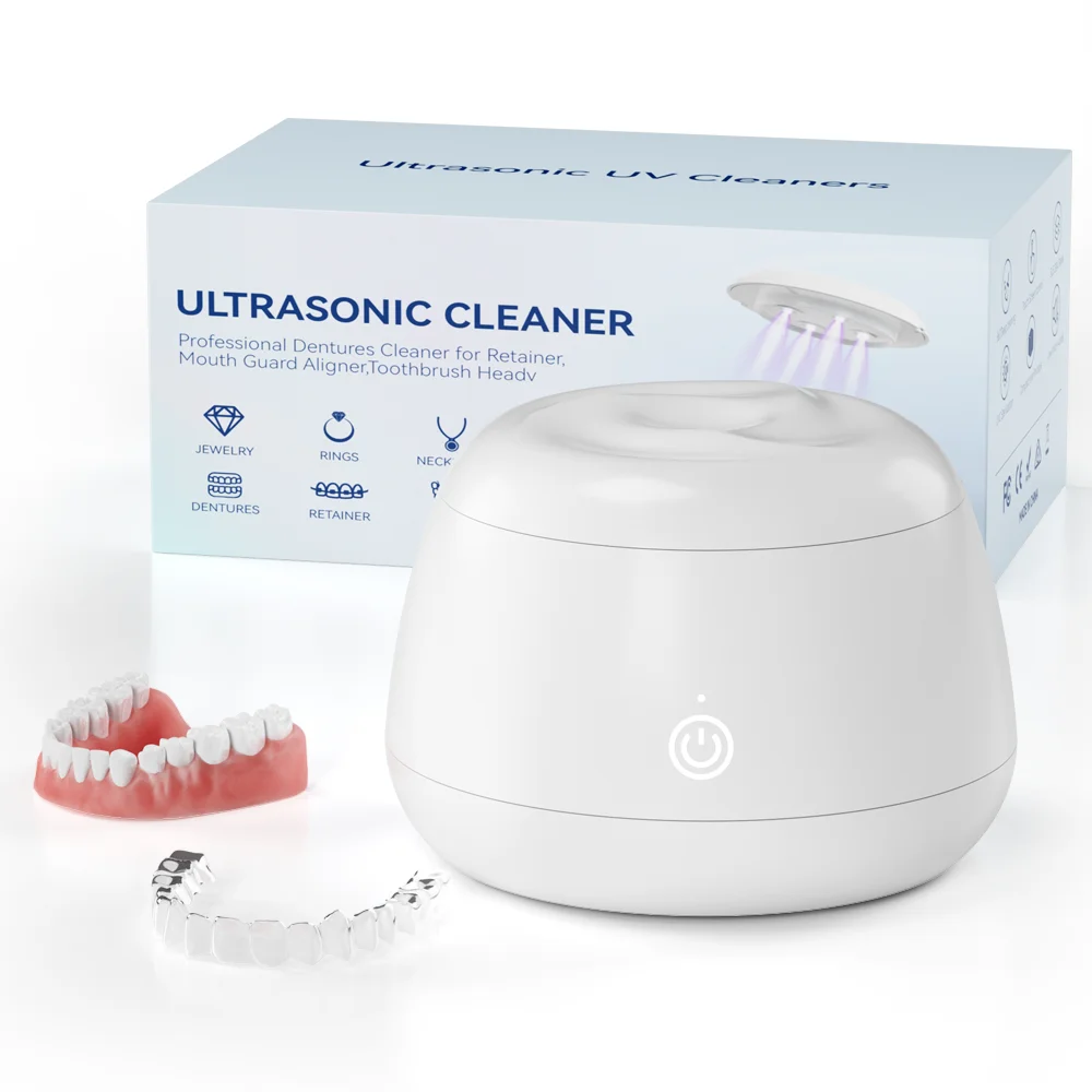 Portable Mini Ultrasonic UV Denture Cleaner, 300s Auto Clean, Waterproof Low Noise For Braces Retainer Jewelry
