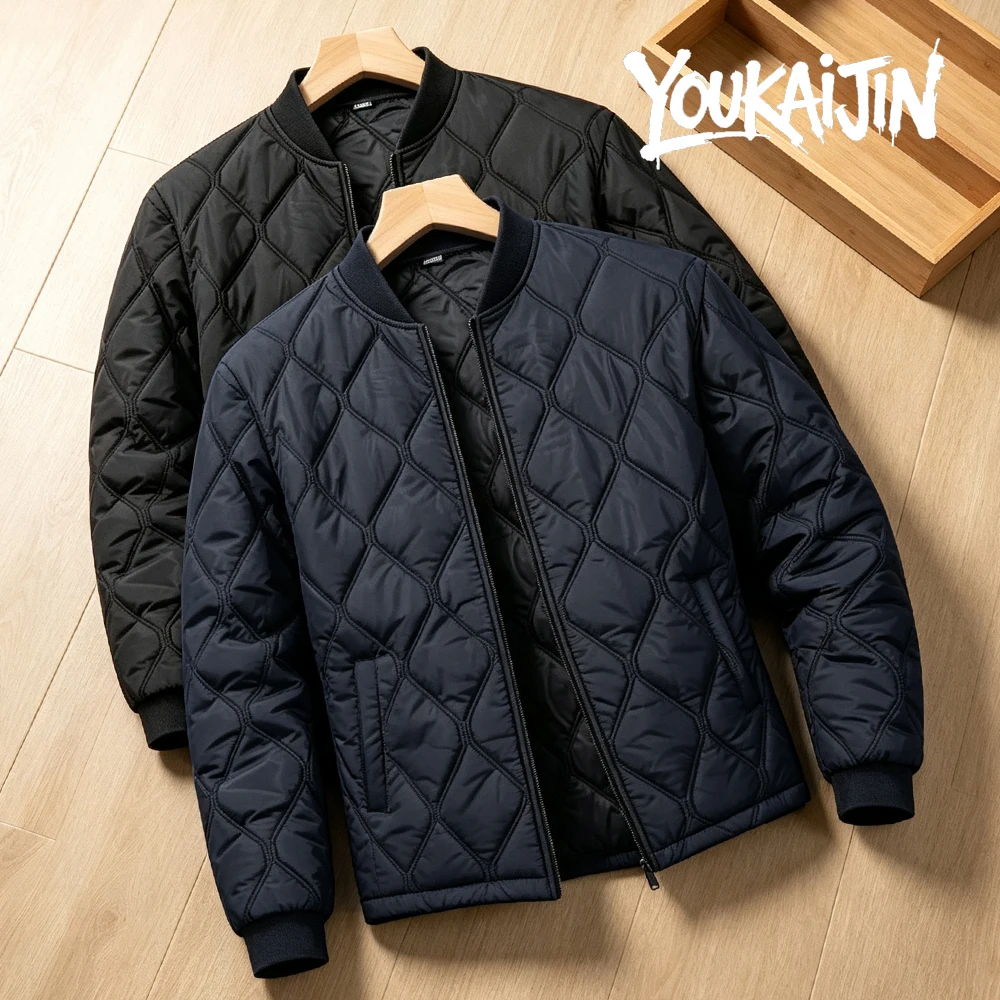 Mens Rhombus Quilted Padded Bomber Jacket Autumn Winter Warm Lightweight Zipper Outerwear Casual Stand Collar Coat EU Size