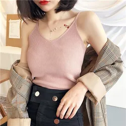 Woman Fashion Sleeveless Top Vest Sexy V-neck Camisole Tops Women 2021 Women's Small Fresh Inner Wear Short Knit Summer Vests