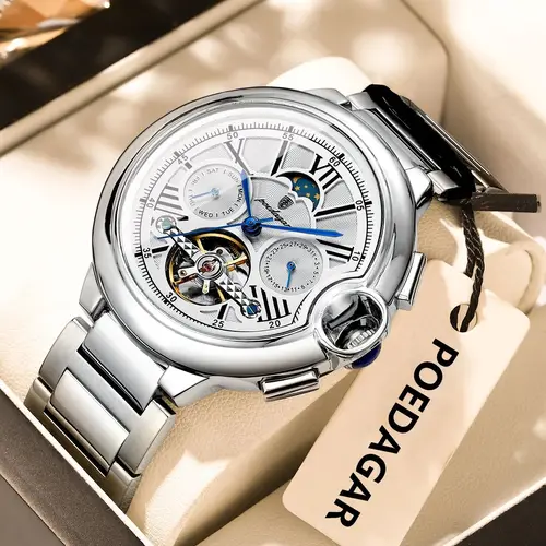 Imagen 2 del producto Reloj POEDAGAR de lujo para hombre Tourbillon fecha semana reloj de acero inoxidable para hombre relojes militares mecánicos automáticos impermeables para hombre