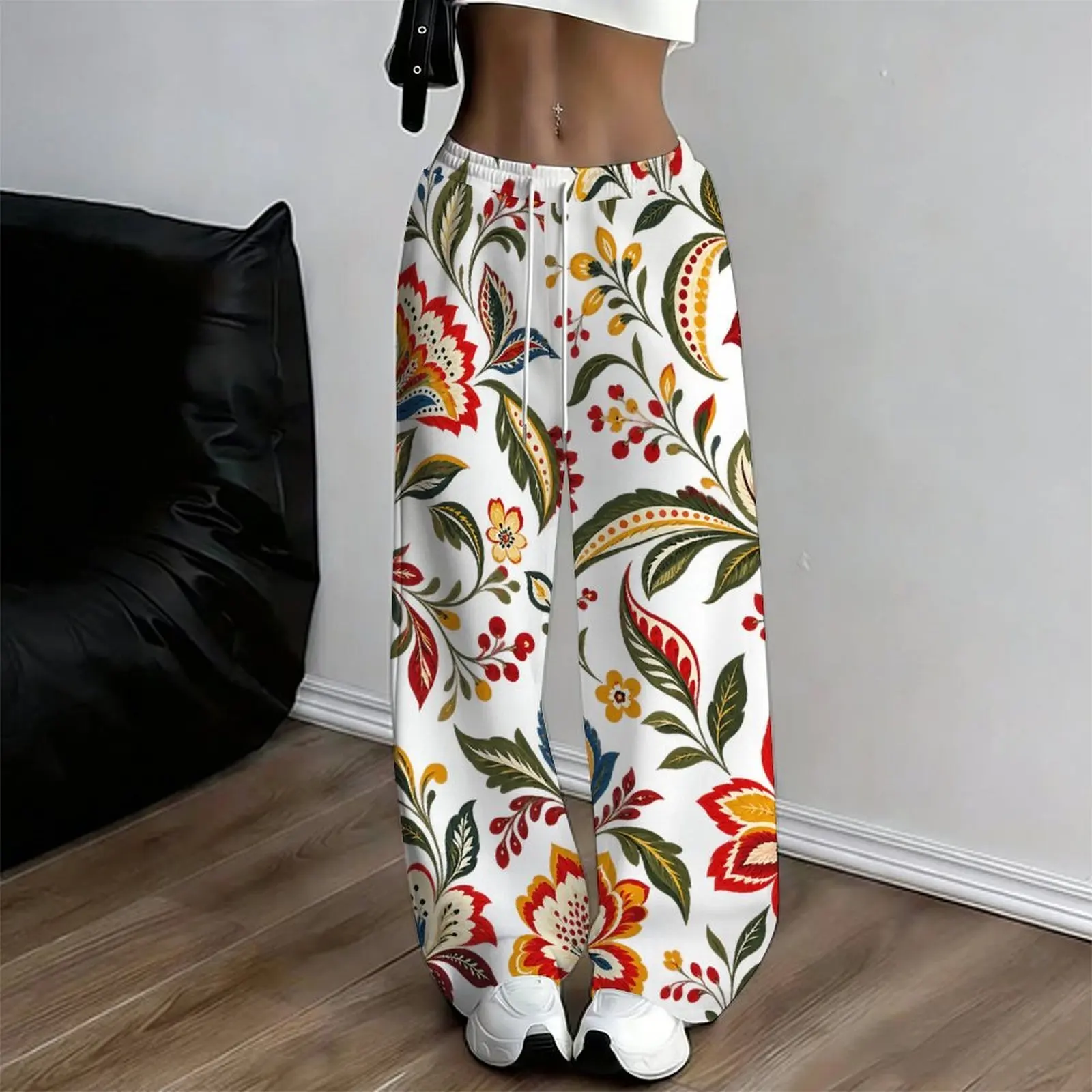 Women Loose Full Length Straight Leg Pants Abstract Geometric Brush Stroke Printed Drawstring Trousers