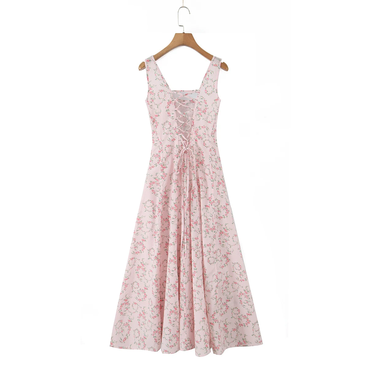 2025 Sweet Pink Floral Print Square Collar Tank Dress Women Cross Lacing up Bandage Back Swing A line Midi Long Dresses Robe