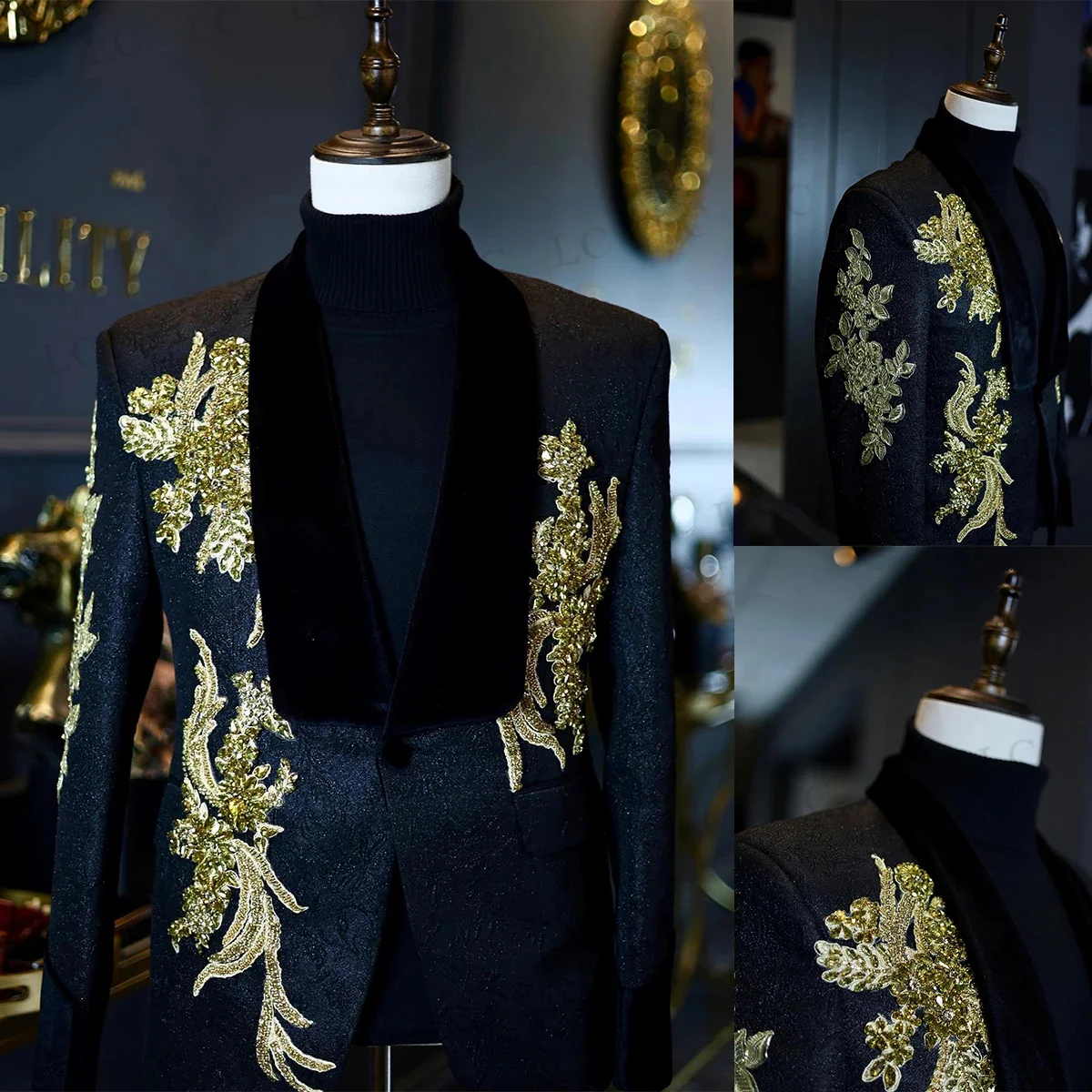 

One Piece Velvet Blazer One Button Gold Appliques Beaded Velvet Lapel Prom Tuxedo Wedding Groom Formal Plus Size Costume Homme