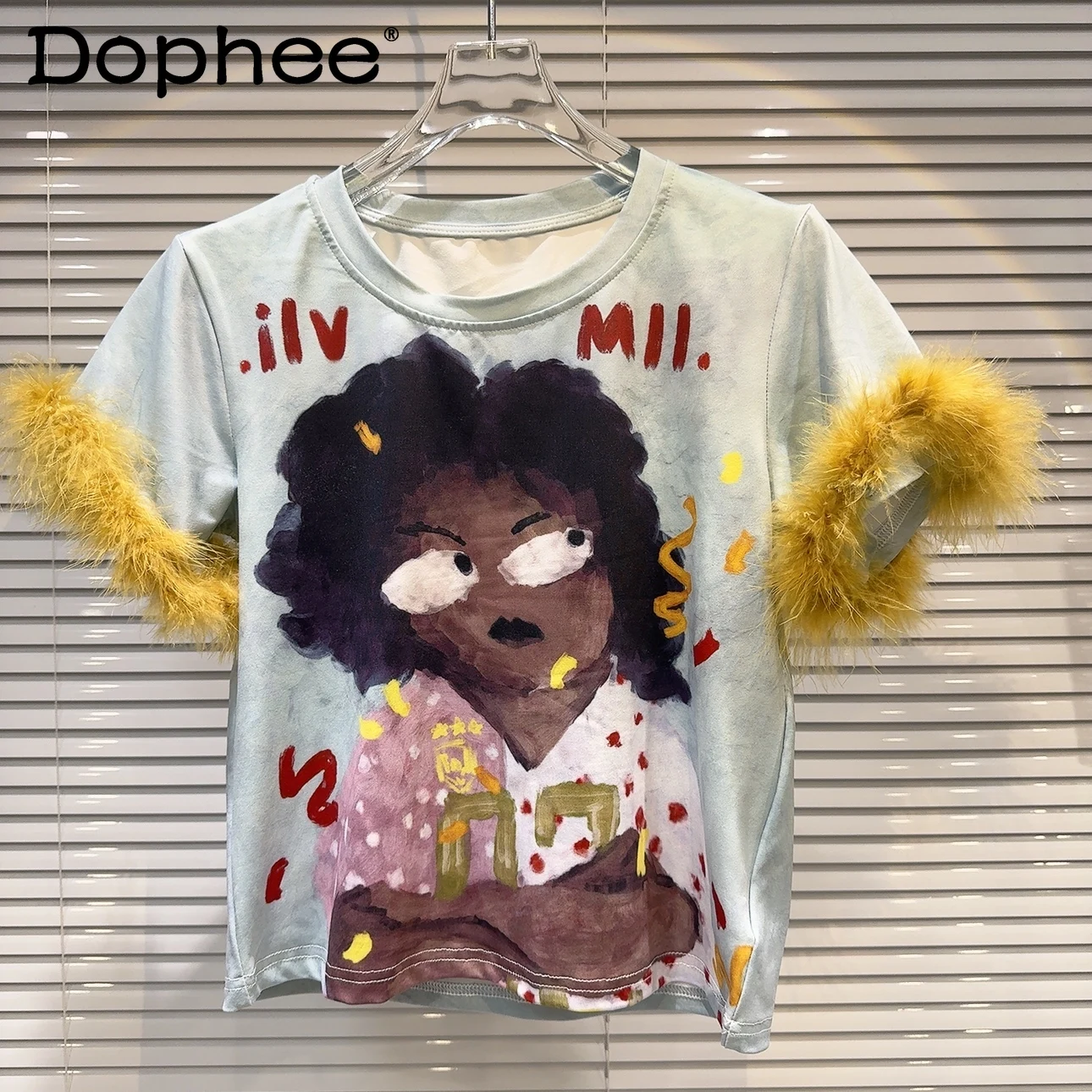 

Cartoon Character Printed Short Sleeve T-shirt 2024 Summer New Hot Sweet Cuff Furry Stitching Round Neck Short Top Women Clothes