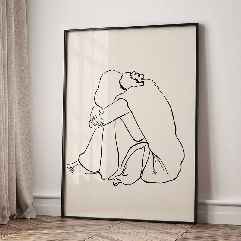 Abstract Black Ink Girl Flower Art Canvas Print Mid-century Modern Line Cat Leaves Wall Art Posters for Living Room Home Decor