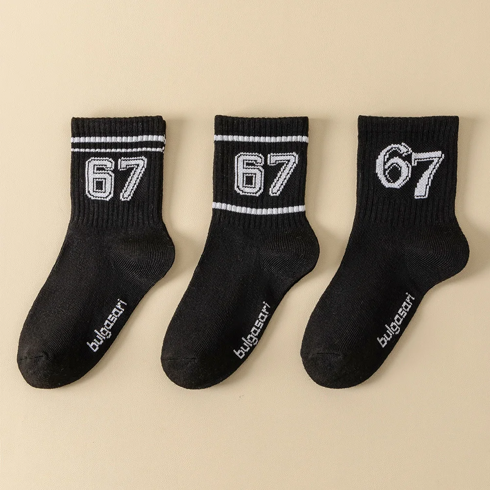 Kids' Basketball Socks 3-Pairs, Sporty Style with Number 67 Pattern, Breathable & Comfortable, Daily Wear, Ideal Birthday Gift f