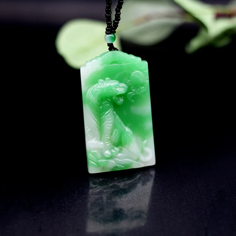Zodiac Tiger Green White Jade Pendant Necklace Chinese Hand-Carved Fashion Charm Jewelry Accessories Amulet Gifts for Women Men