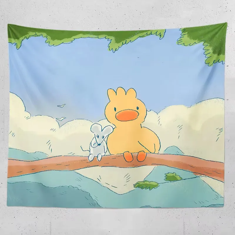 Kawaii Duck Tapestry Cartoon Girl Aesthetic, Room Decor Background Cloth for Parties and Tarot Card Displays