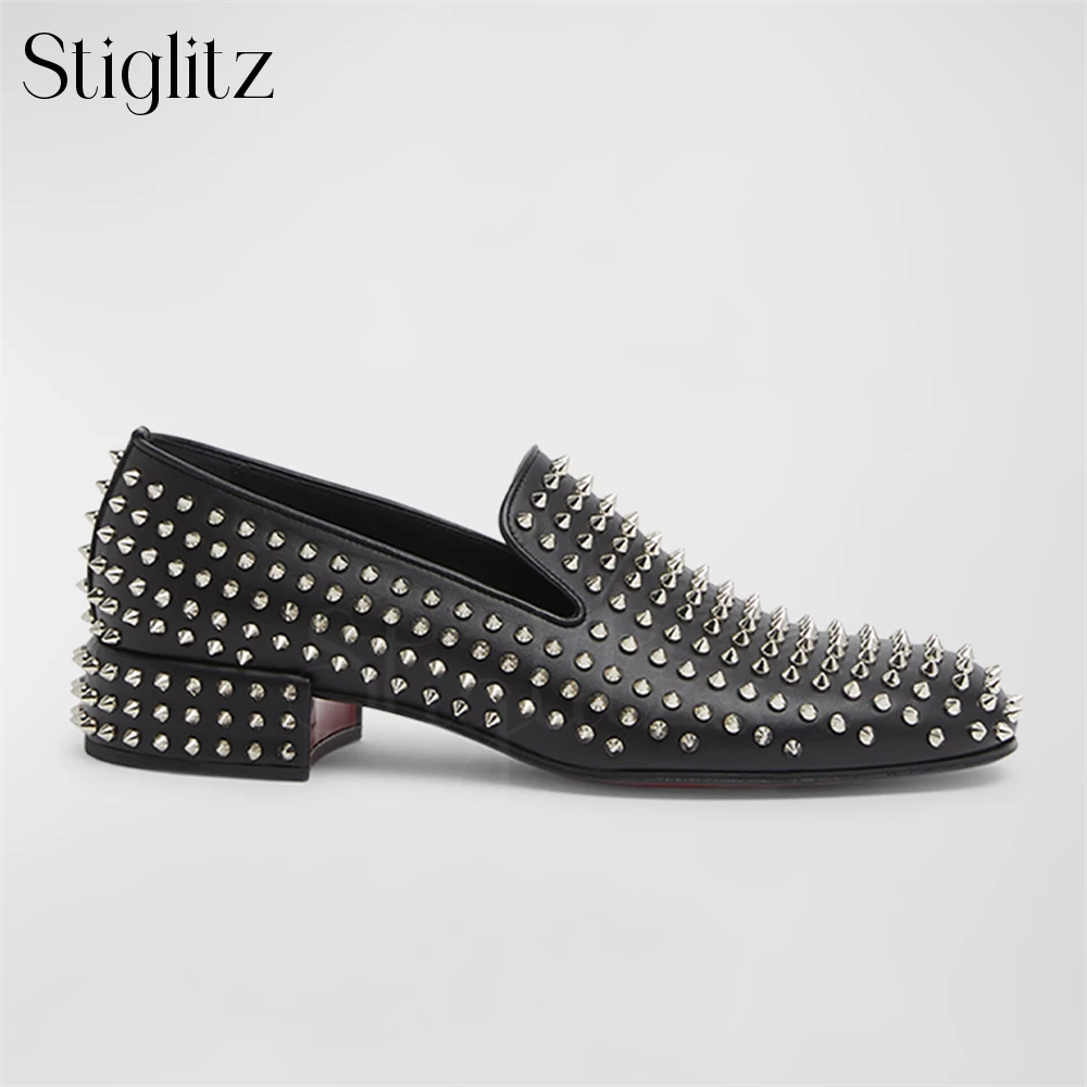 Metallic Silver Spikes Loafers Black Matte Leather Block Heel Dress Shoes for Men Fashion Punk Style Men's Slip-On Leather Shoes