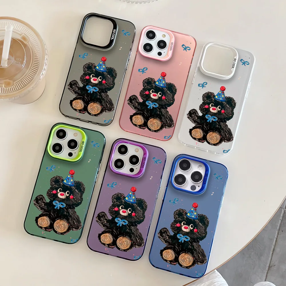 Cute little black bear Phone Case For iphone11 12 13 14 15 16 Pro Max Plus fashion laser colorful silver IMD cover