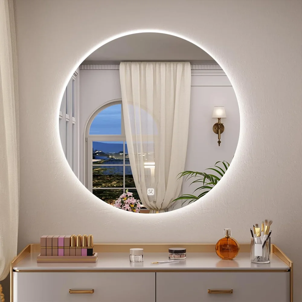 Miroir de salle de bain rond intelligent avec éclairage LED, miroir mural, 3 couleurs, mémoire, gradation progressive, étanche IP54, interrupteur tactile