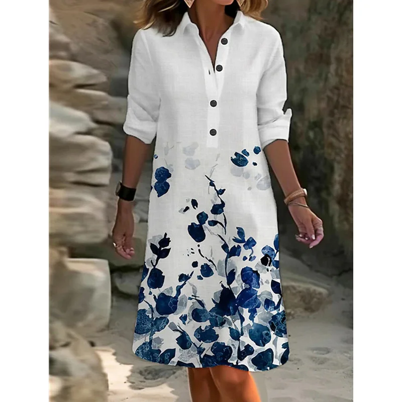 2023 Lente damesjurk Casual mode bedrukte overhemdkraag gesplitst lange mouw V-hals half vest