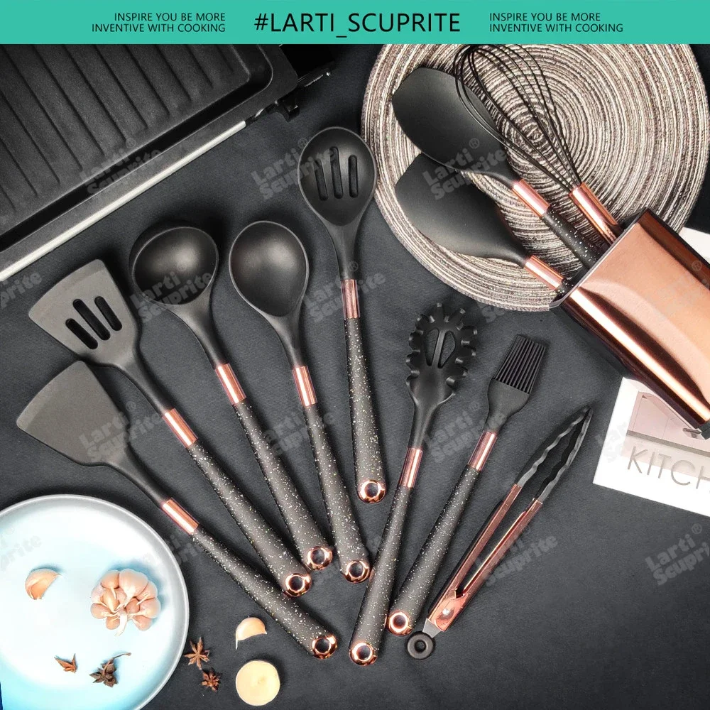 Good Quality Silicone Kitchen Utensils Set Rose Gold Plated Handle Cooking Tool Non-stick Heat Resistant Kitchenware Accessories