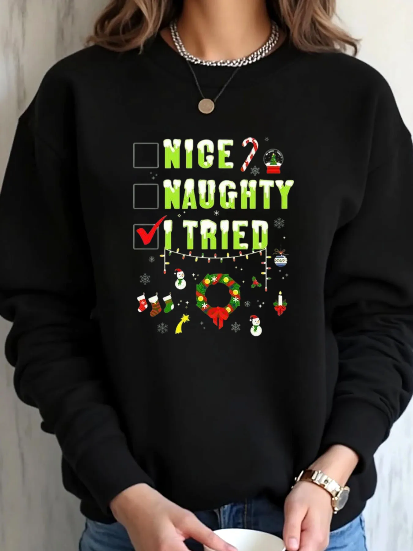 سويت شيرت نسائي كبير الحجم لعيد الميلاد لطيف شقي لقد حاولت طباعة ملابس خارجية