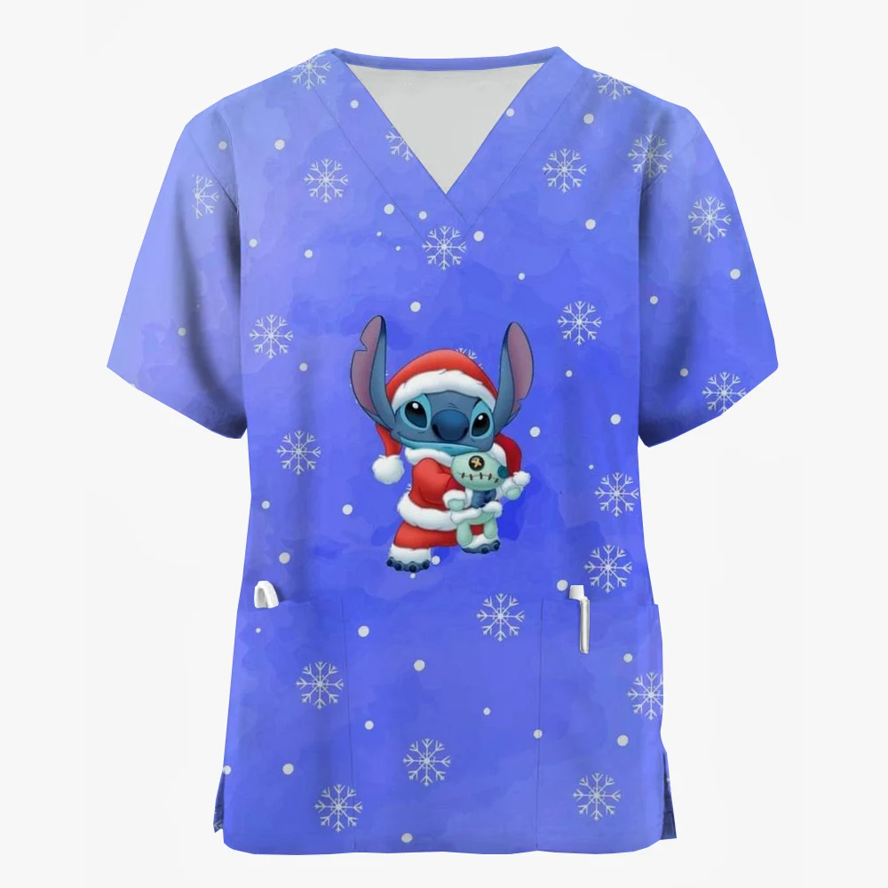 Nurse uniform frosted women's Disney Stitch Christmas print nurse uniform short sleeved V-neck top work shirt