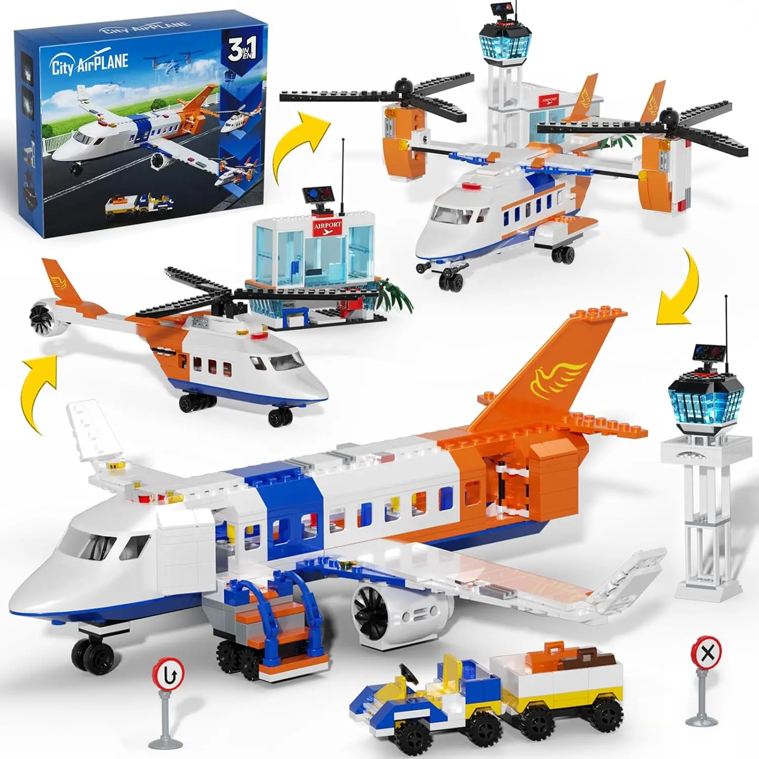 3-in-1 vliegtuigbouwstenen set transportvliegtuig helikopter passagiersvliegtuig bagageaanhangwagen bouwspeelgoed voor kinderen geschenken