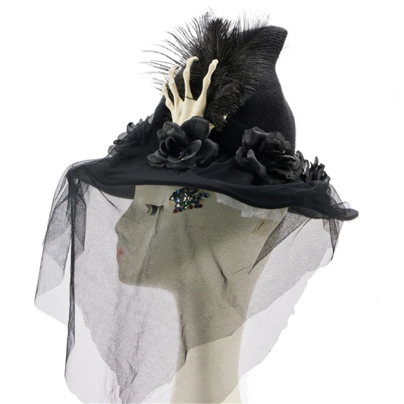 Unisex Halloween Flower Witch Hat with Skull Hand Veil Applique Wizard Hat Adult Teen Cosplay Witch Festivals Party Tool