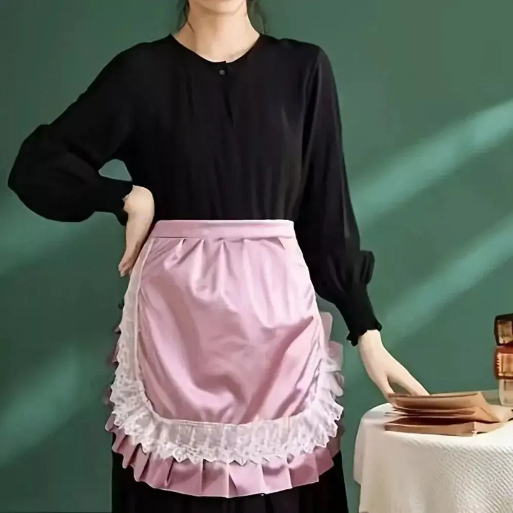 New Ruffle Lace Trim Ruffled Half Apron Solid Color Water Resistant Waist Apron Women Kitchen Cooking Half Apron