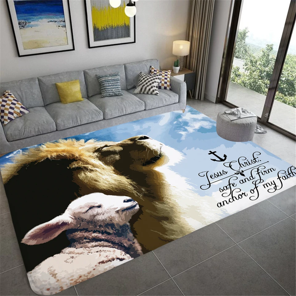 Lion and Lamb Print Decorative Floor Mats Home Decor Prayer Mat Living Room Large Area Anti-Slip Carpet Bedroom Room Door Mat