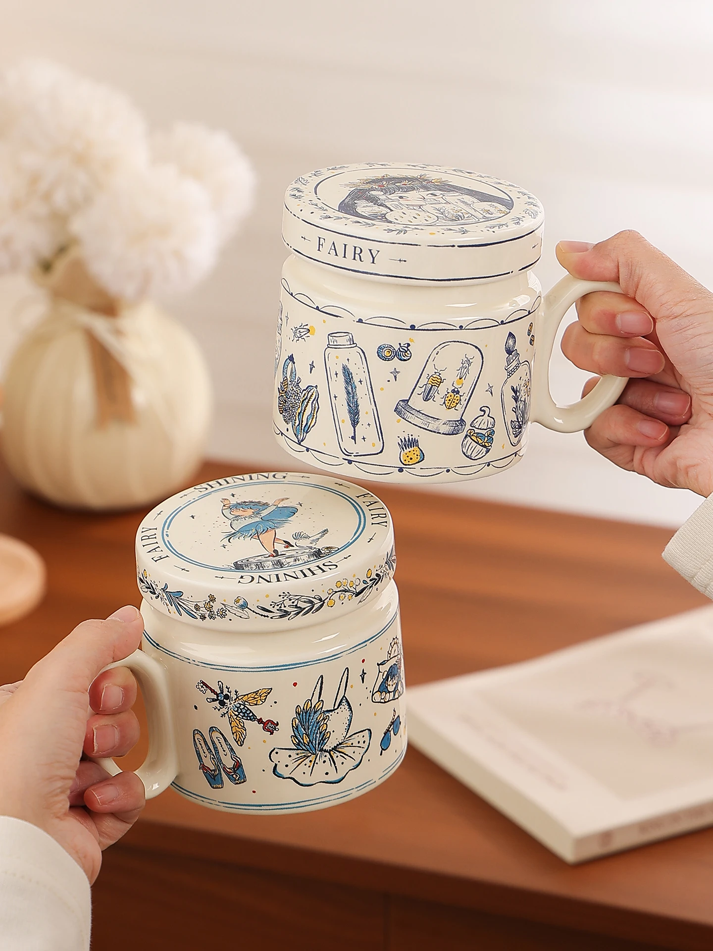 luguo-セラミックコーヒーカップ-女性用-個性的な高審美性ウォーターカップ-飲料水カップ-蓋付き-片耳ハンドル
