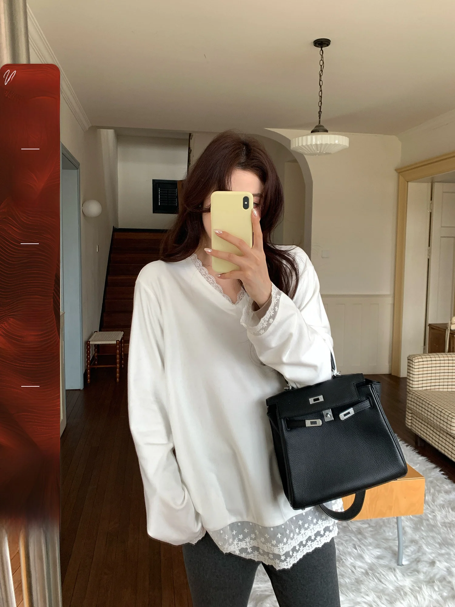 

Футболка NAZ больших размеров с кружевными вставками и V-образным вырезом, повседневная, свободного кроя, весенняя, модная, с эффектом похудения, универсальная, базовая, с длинным рукавом