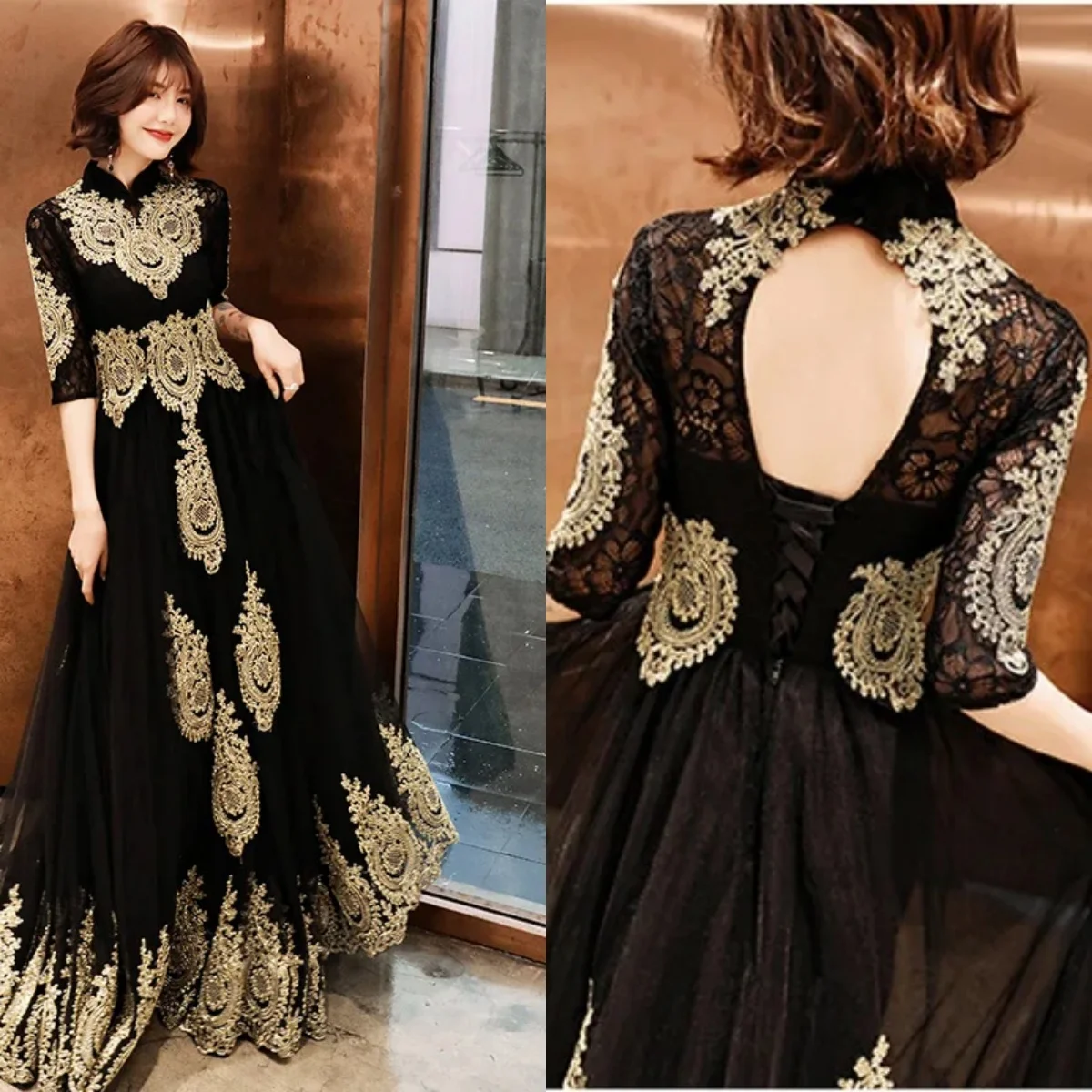 

Evening Dress Black Lace Golden Appliques Hight Collar Half Sleeves A-line Women Party Formal Gown Plus size Robe De Soiree E536