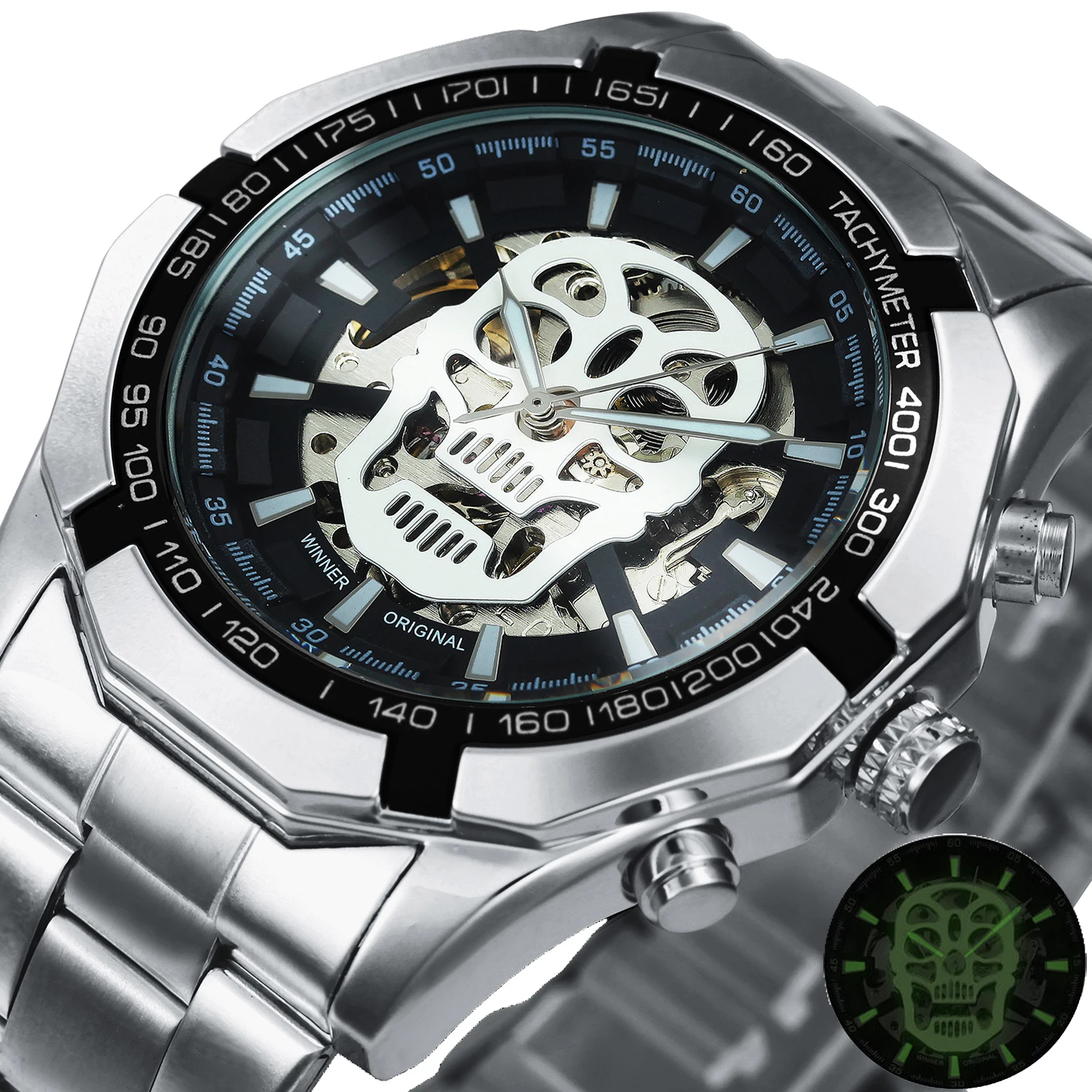 WINNER Sports Skeleton Mens Watch Fashion Skull Luminous Dial Silver Stainless Steel Strap Military Automatic Mechanical Watches