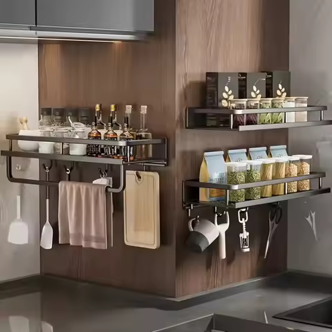 Prateleira de parede de alumínio multifuncional cozinha rack de armazenamento de especiarias cozinha sem necessidade de perfuração acessórios de cozinha