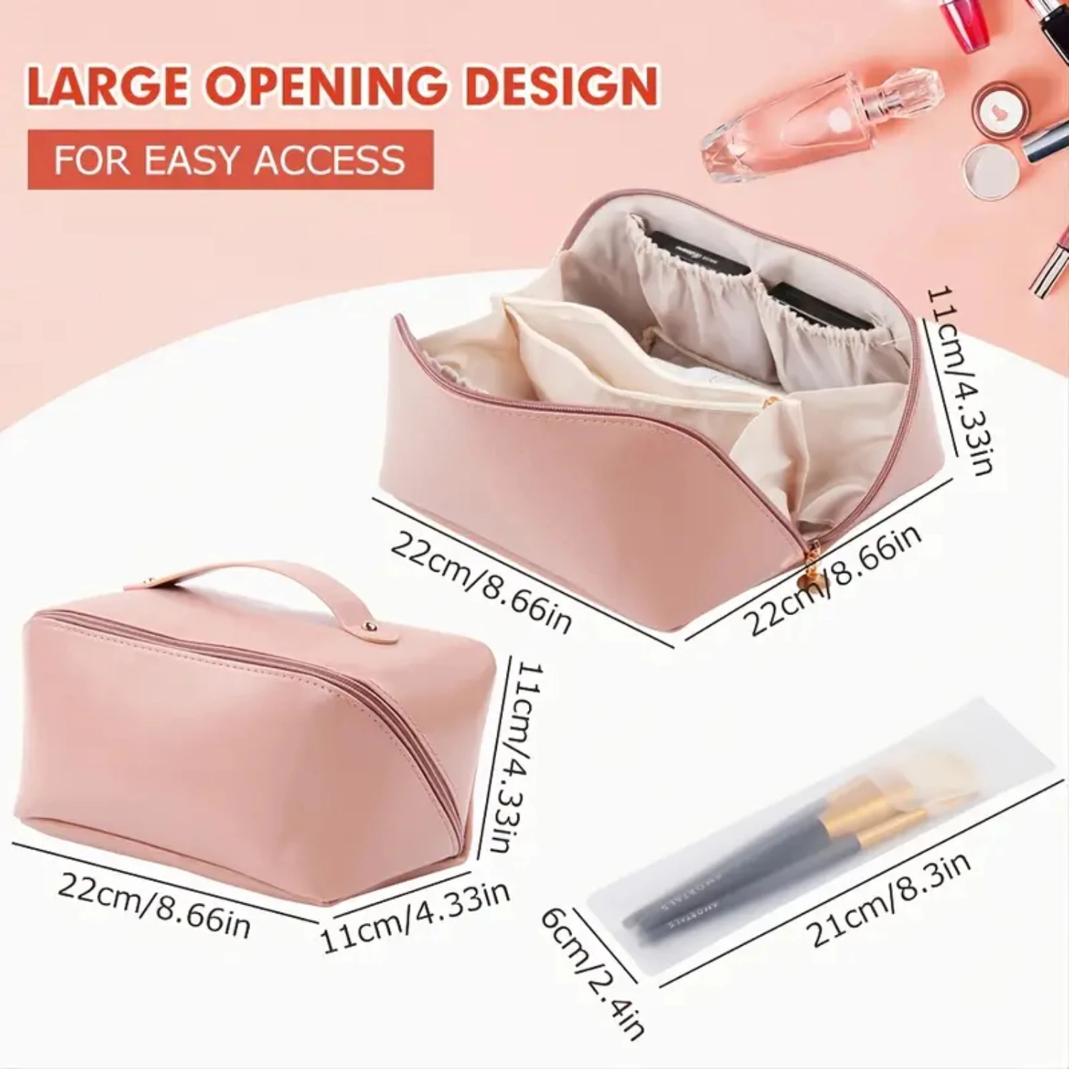 Large Capacity Flat Opening Leather Cosmetics Toiletries Bag