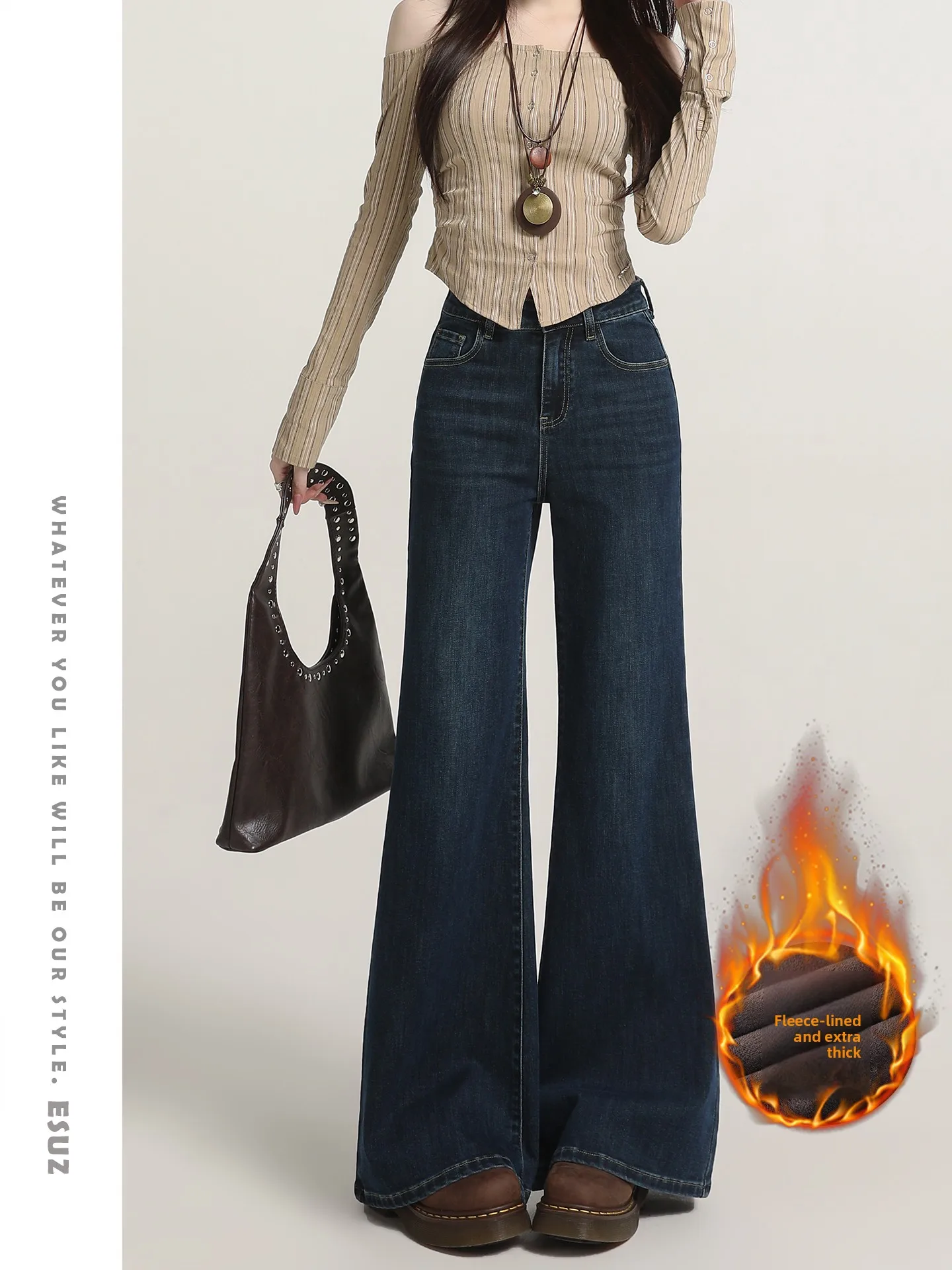 

Offcat High Waist Flared Jeans Women's Fleece Lined Bootcut Denim Pants Autumn Winter Slimming Non Fitting American Style