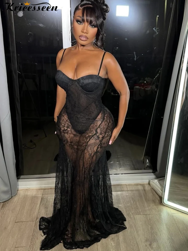 Kricesseen 新しいシックなシアーレーススパゲッティストラップストラップ付きロングマキシドレスグラムシースルー高級誕生日ドレスクリスマス衣装